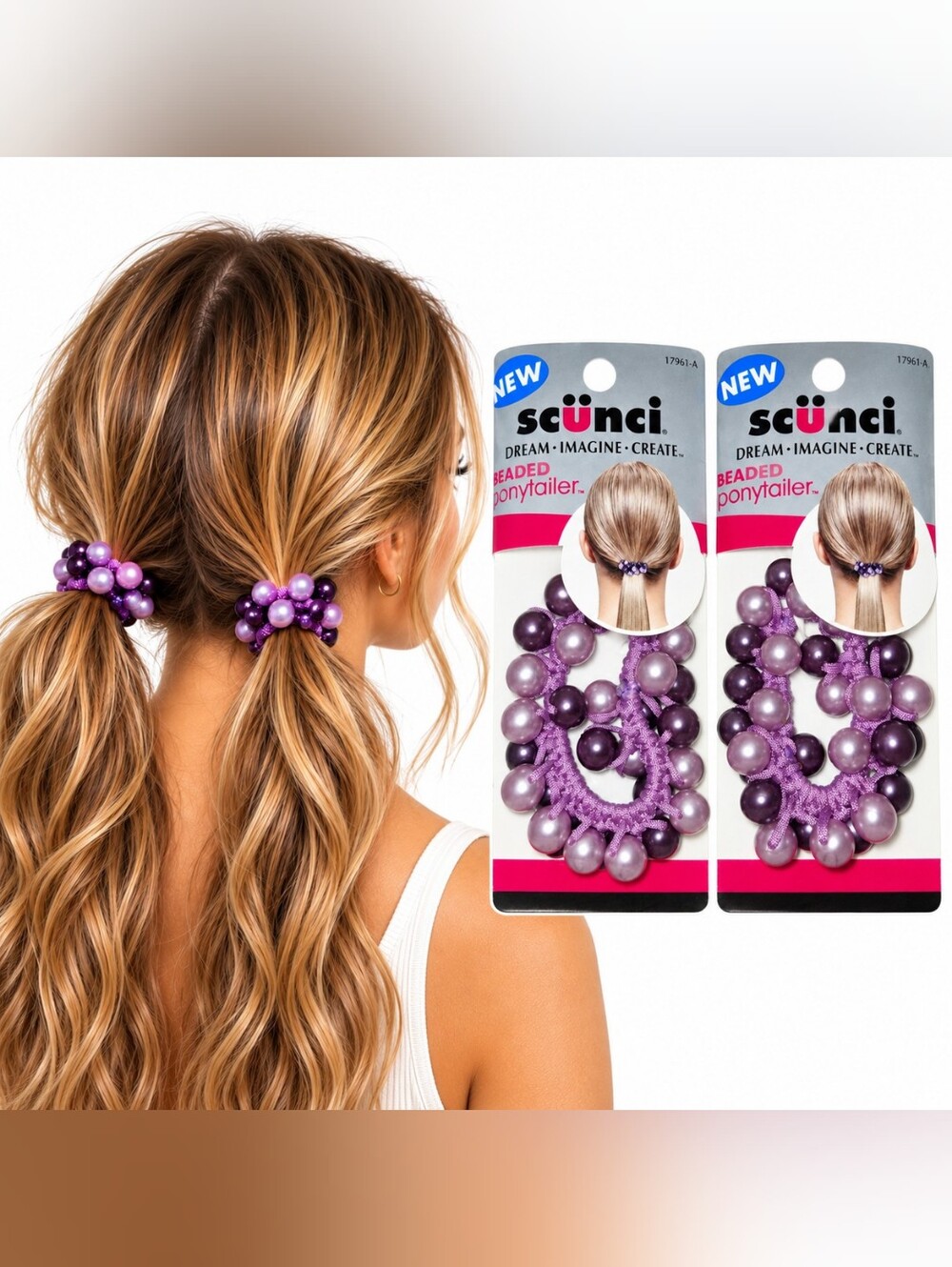 Vintage 2003 Scunci Beaded Ponytailer Purple Pearl Hair Tie Y2K NOS Lot 2